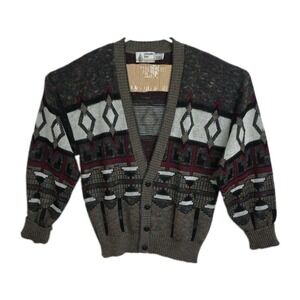 Vintage London Fog Cardigan Sweater Men's L Brown Tones Geometric Button-Up